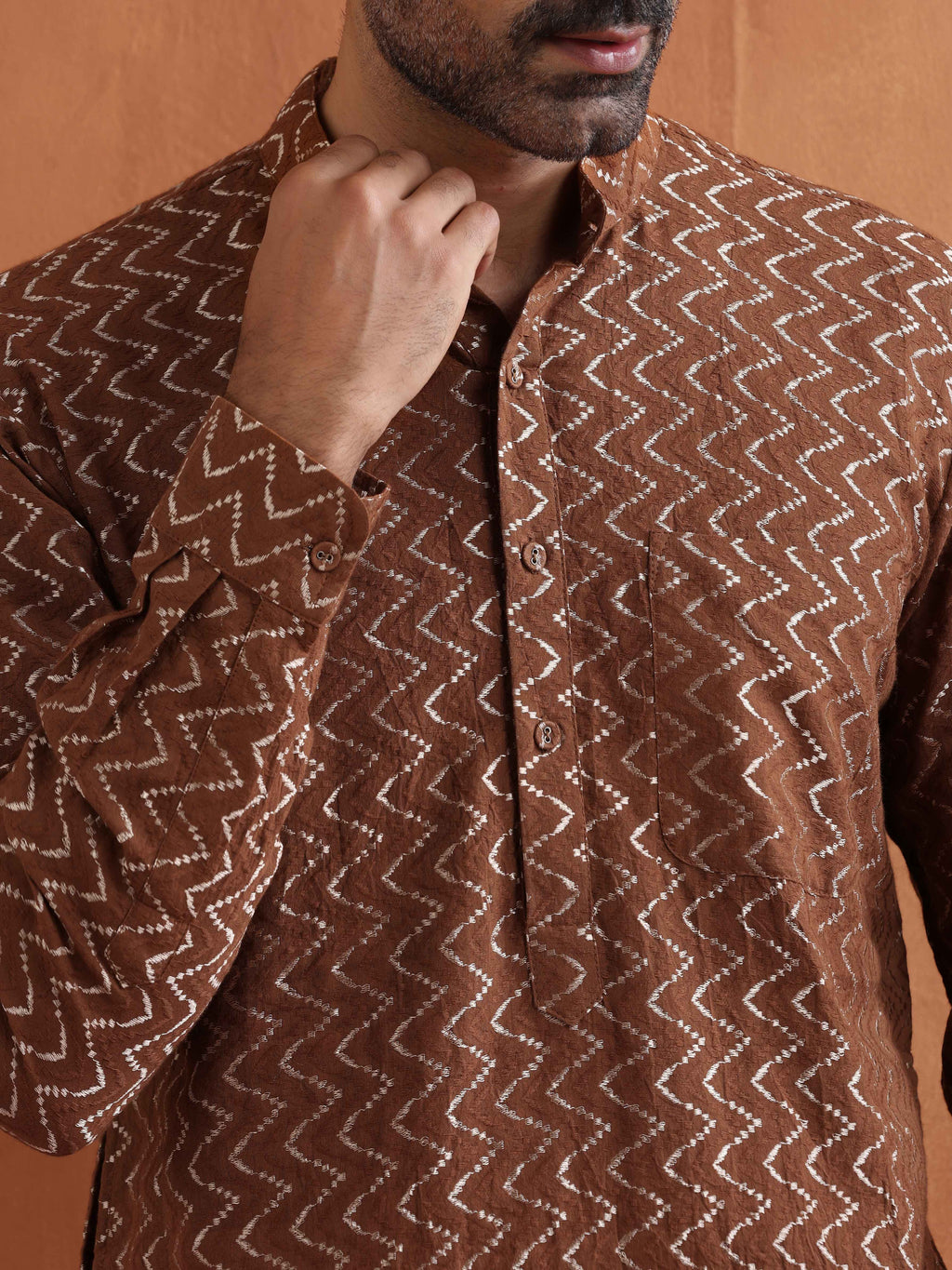trueBrowns Men's Brown Cotton Dobby Short Kurta