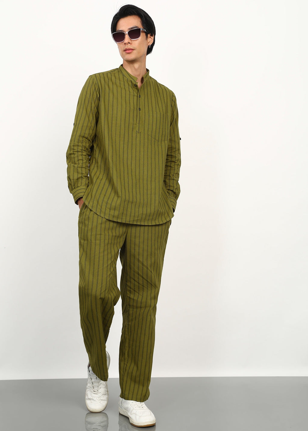 Fabmade Olive Stripe Linen Kurta Set