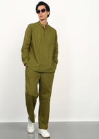 Fabmade Olive Stripe Linen Kurta Set