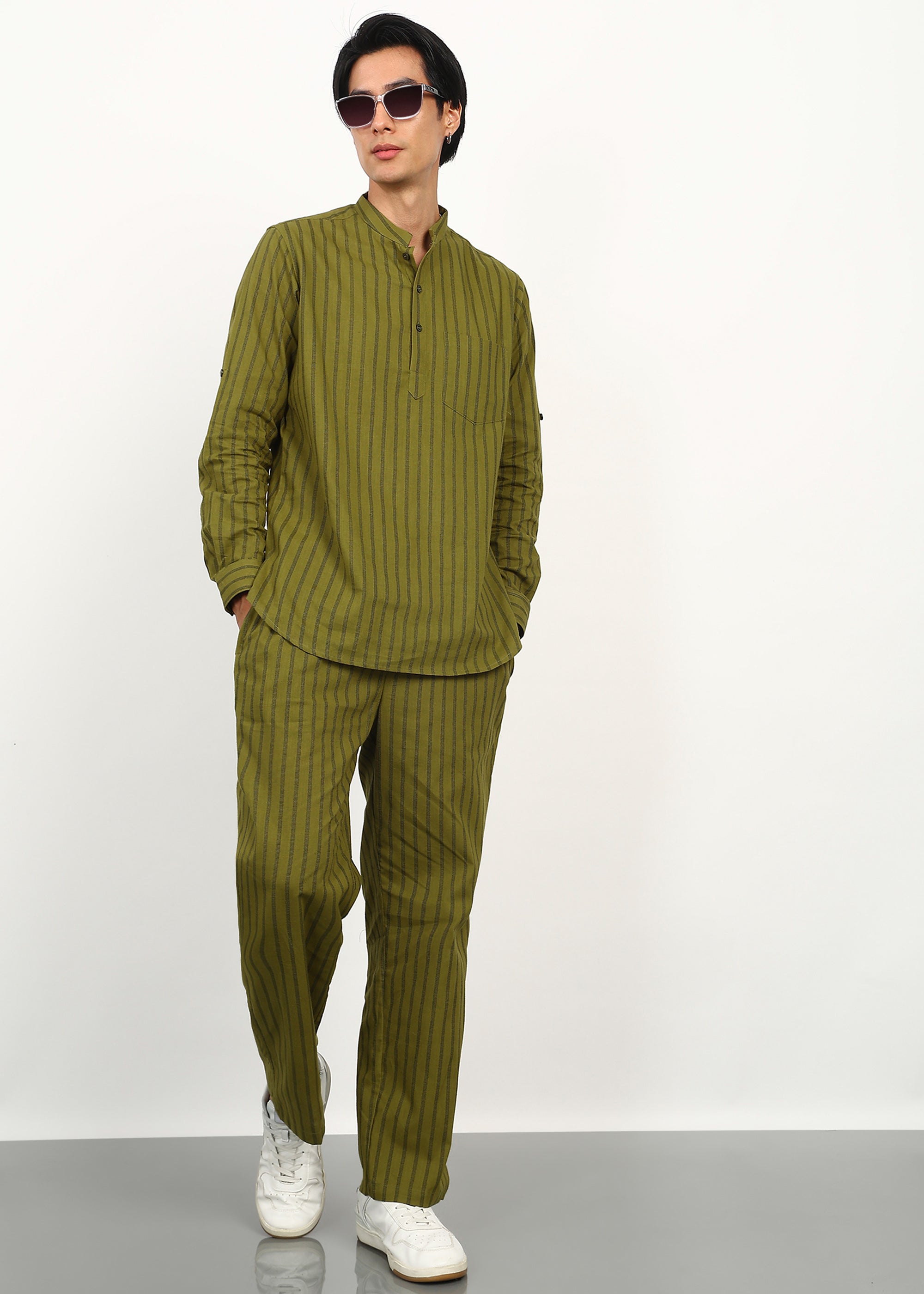 Fabmade Olive Stripe Linen Kurta Set