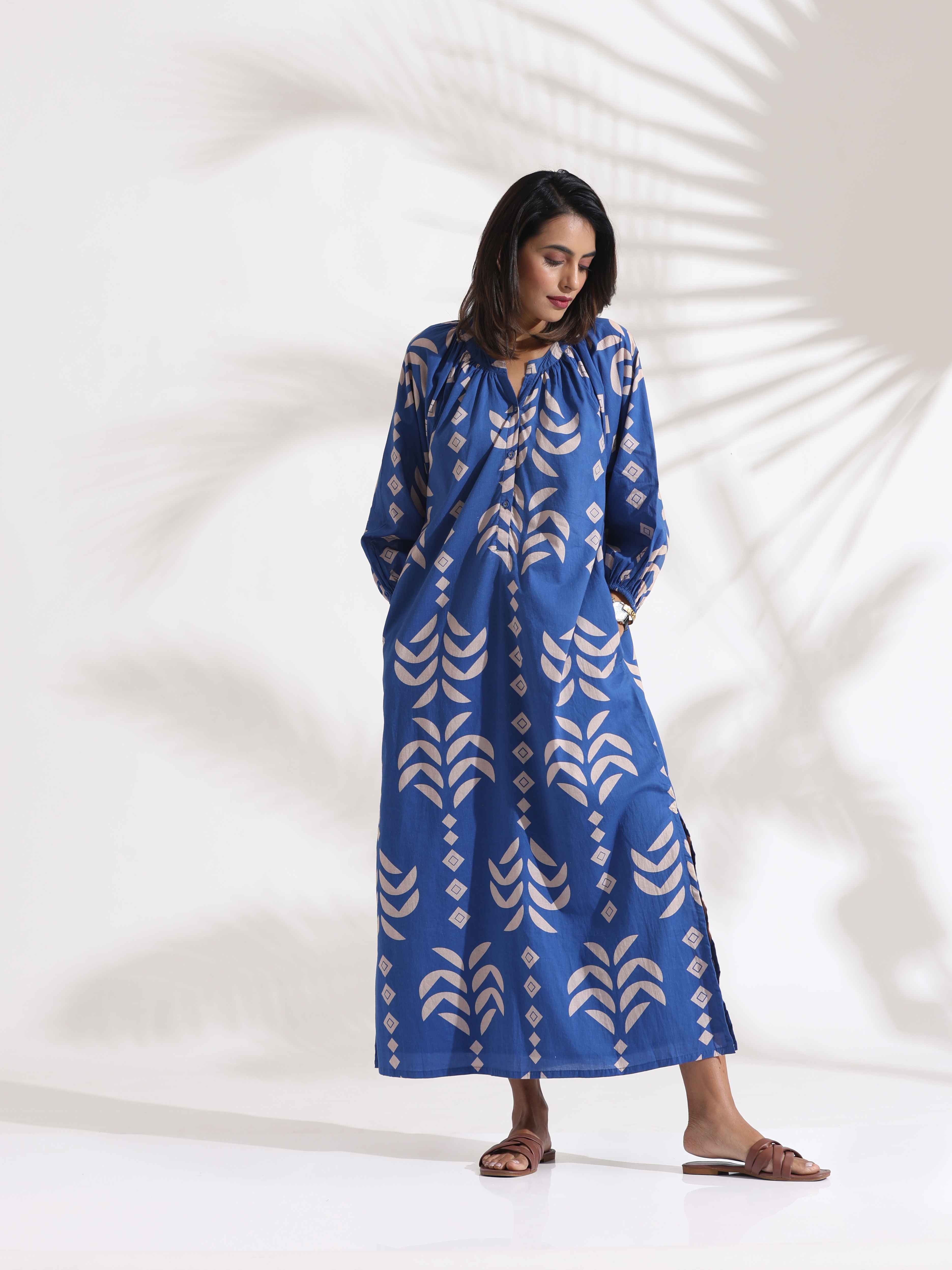 trueBrowns Blue Cotton Print Dress - Distacart