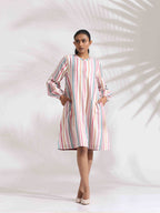 trueBrowns Off-White Cotton Multi Stripe Short Dress - Distacart