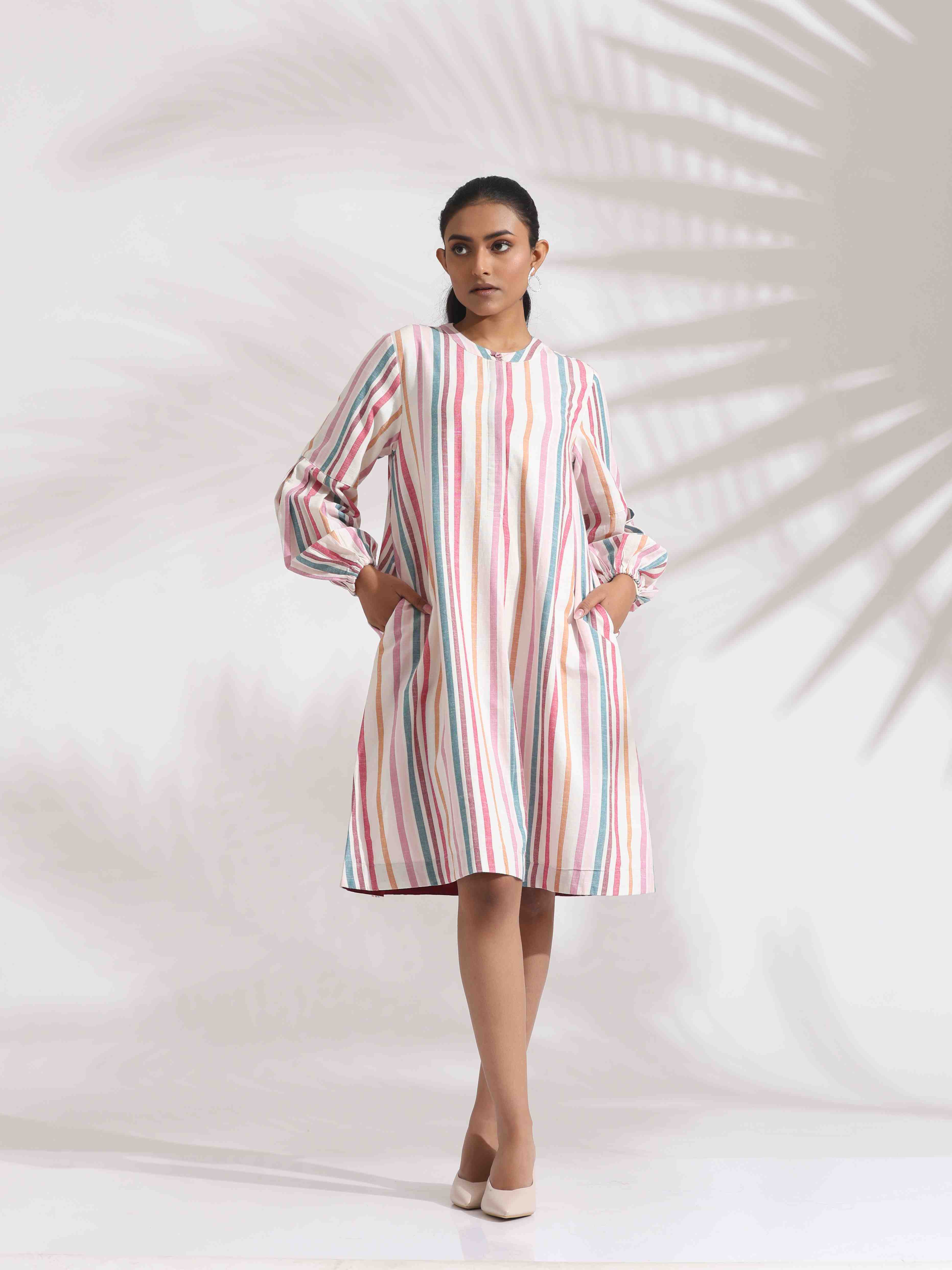 trueBrowns Off-White Cotton Multi Stripe Short Dress - Distacart
