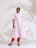 trueBrowns White Cotton Print Flared Kurta Set - Distacart
