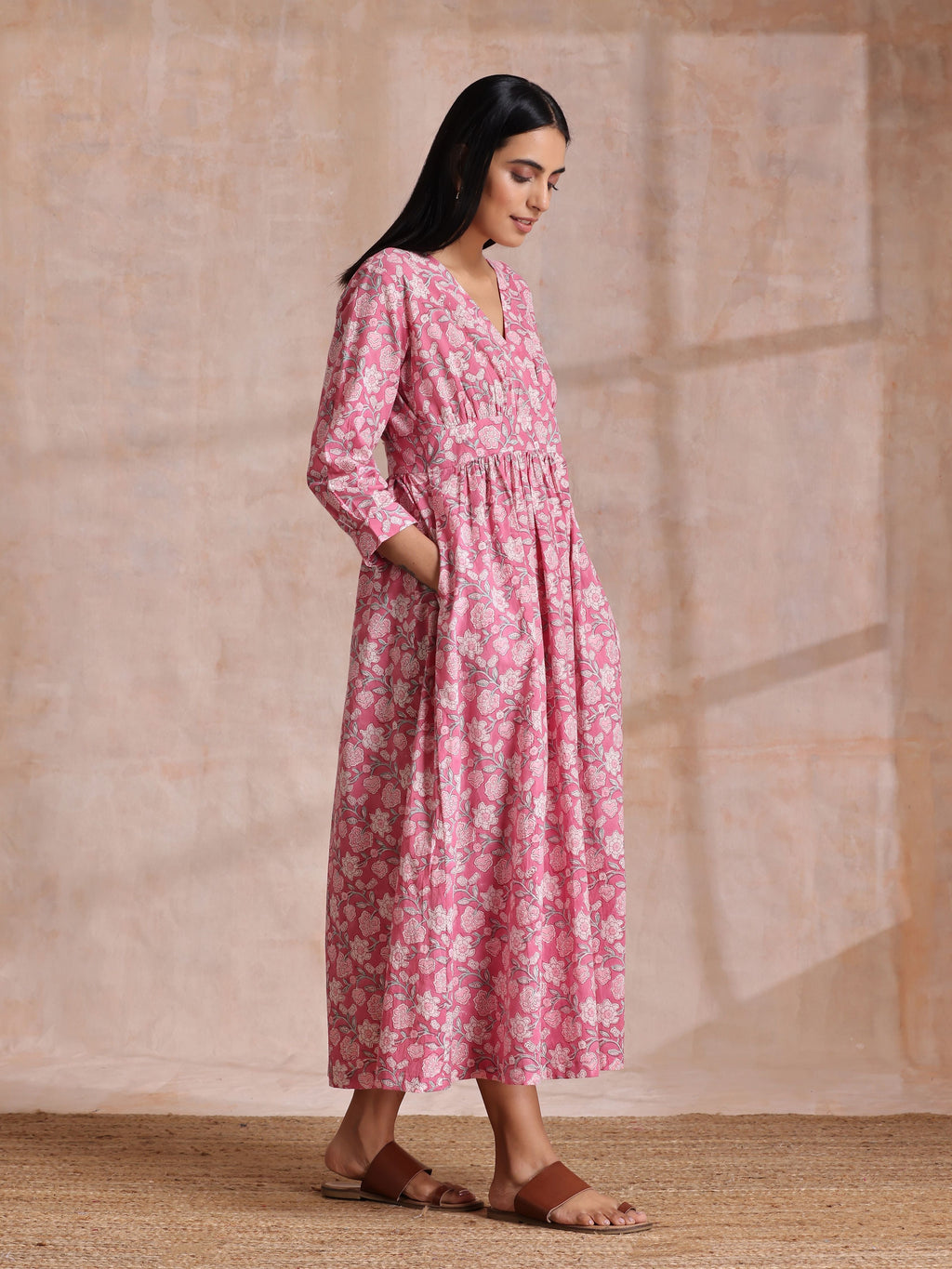 trueBrowns Pink Overall Floral Block Print Cotton Wrap Dress - Distacart