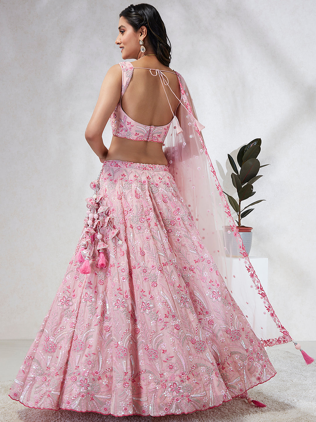 House of Panchhi Pink Georgette Sequins And Thread Embroidery Lehenga Choli & Dupatta
