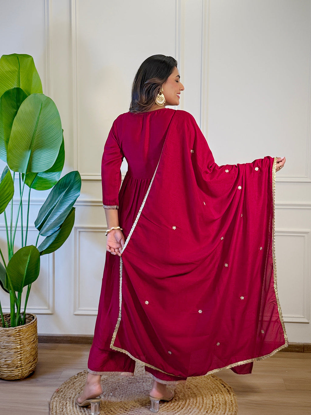 The52 Women's Gorgeous Vichitra Silk Embroidery Flared Kurta with Palazzo And Dupatta Set - Distacart