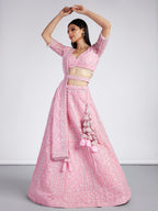 House of Panchhi Pink Net Sequins, Zarkan And Thread Embroidery Lehenga Choli & Dupatta