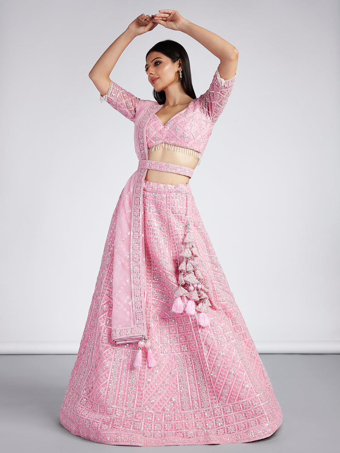 House of Panchhi Pink Net Sequins, Zarkan And Thread Embroidery Lehenga Choli & Dupatta