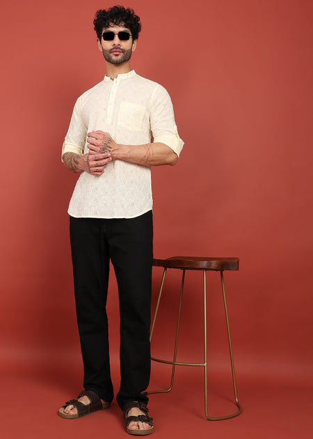 Fabmade Ivory Bloom Embroidered Short Kurta
