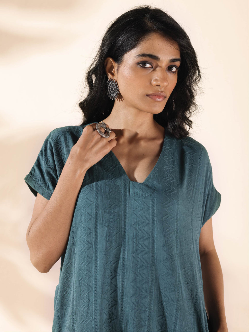trueBrowns Turquoise Cotton Dobby Dress - Distacart