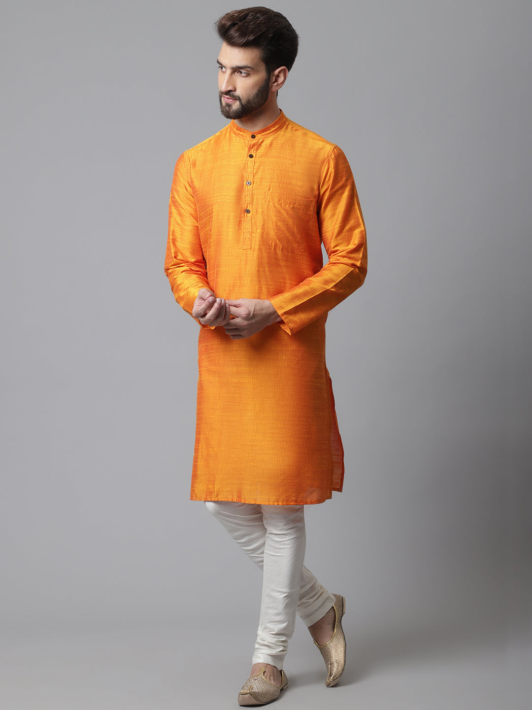 Even Apparels Orange Solid Kurta With Band Collar - Distacart