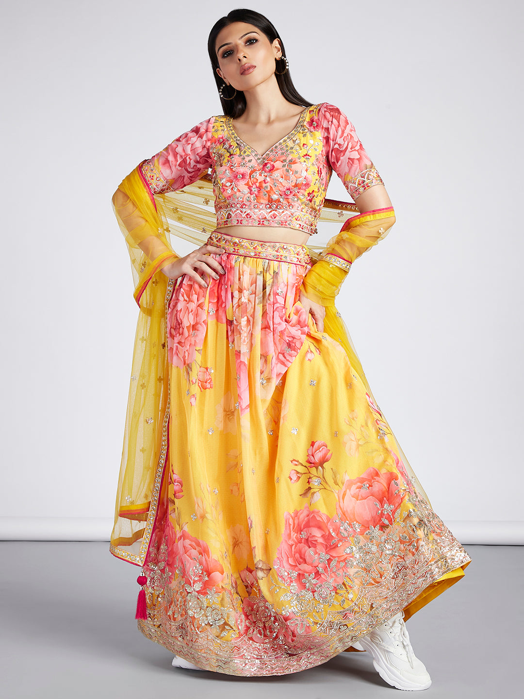 House of Panchhi Yellow Colour Organza Floral Design Digital Print Lehenga Choli & Dupatta