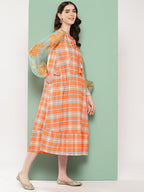 Ahalyaa Checked Tie-Up Neck Sequined Ethnic A-Line Midi Dress - Distacart