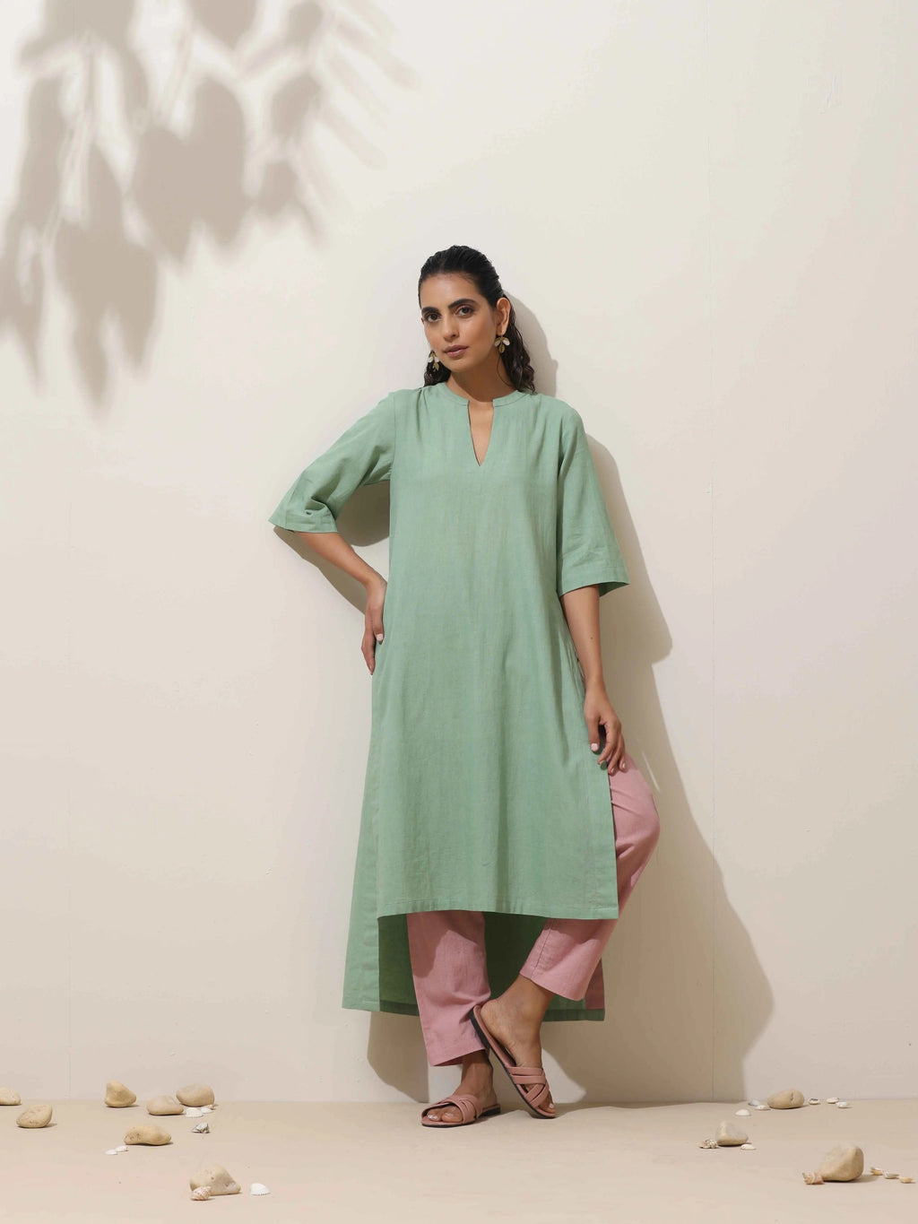 trueBrowns Mint Green Cotton Linen Kurta Pant Set - Distacart