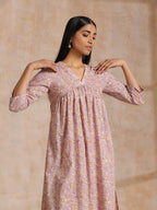 trueBrowns Grey Overall Floral Block Print Cotton Flared Slit Kurta Pant Set | Relove - Distacart