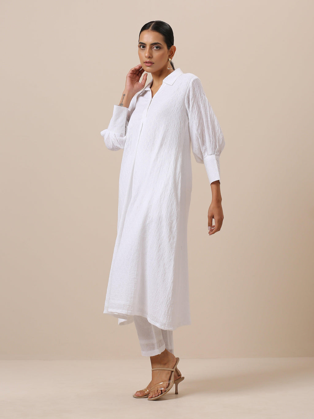trueBrowns Cotton White Weave Collar Kurta Pant Set | Relove - Distacart