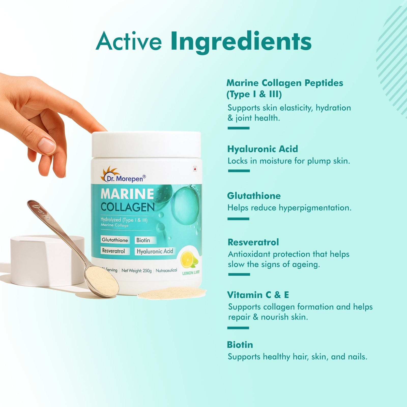Dr. Morepan Marine Collagen Powder with Glutathione, Hyaluronic Acid, Resveratrol & Biotin Lemon Lime Flavour - Distacart