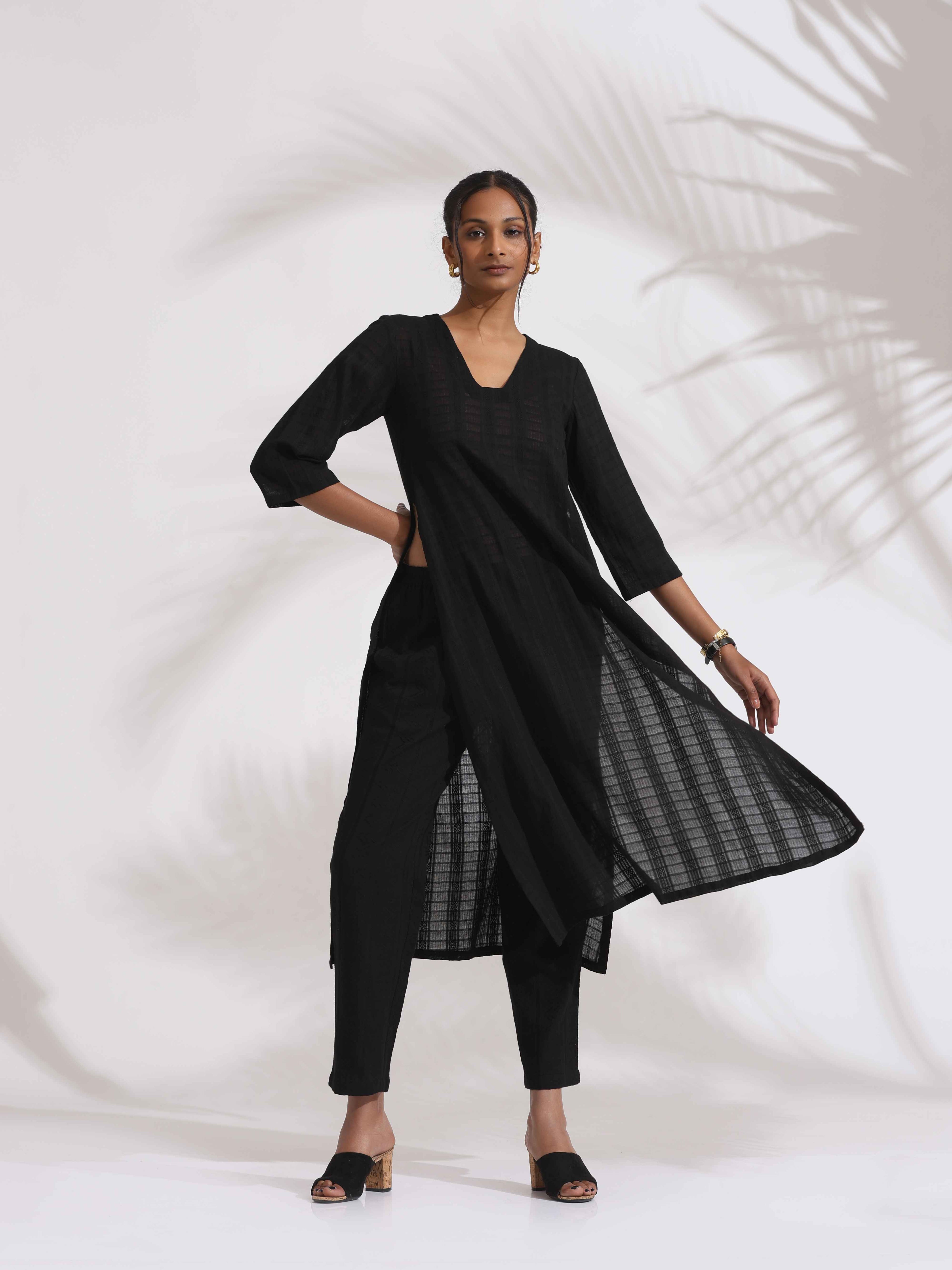 trueBrowns Black Cotton High Slit Kurta Set - Distacart