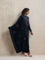 trueBrowns Blue Velvet Floral Embroidered Kurta Pant Dupatta Set - Distacart