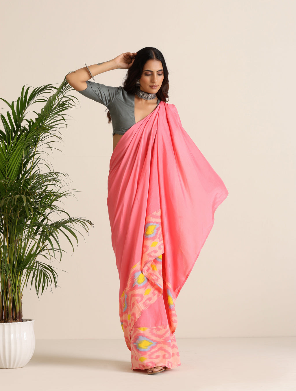trueBrowns Pink Lime Muslin Ikat Saree