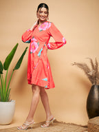 InWeave Women's Dark Orange Pink Blue Flower Belted Dress - Distacart