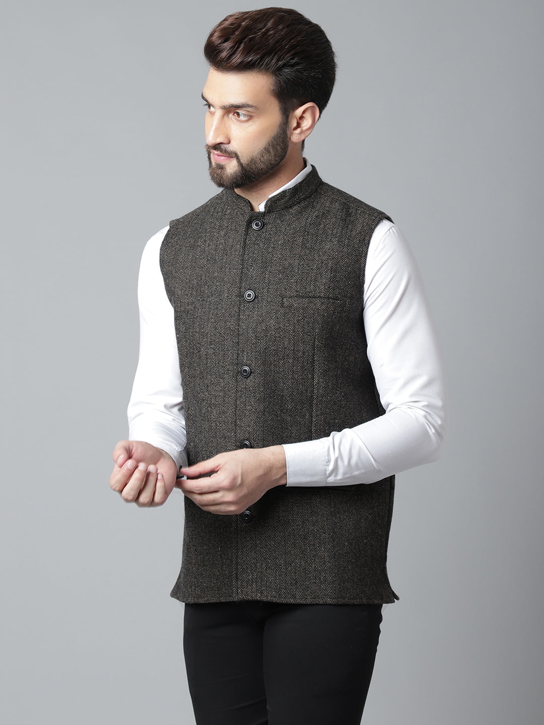 Even Apparels Men's Brown Pure Wool Nehru Jacket