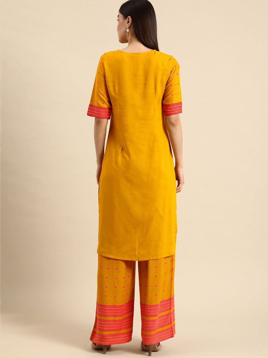 All About You Women Mustard Yellow & Pink Round Neck Regular Kurta with Palazzos