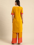 All About You Women Mustard Yellow & Pink Round Neck Regular Kurta with Palazzos