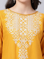 Souchii Women Tan & White Geometric Yoke Design Thread Work Grandeur & Majestic Artwork Kurta - Distacart