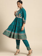 Sangria Women Teal Green & Golden Floral Embroidered Kurta with Trousers