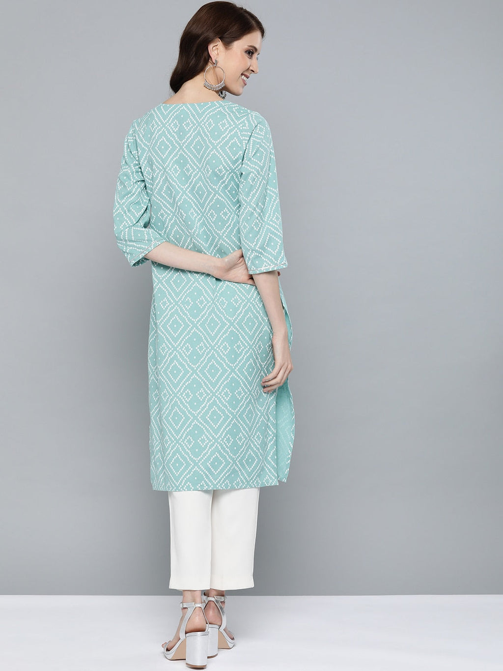 HERE&NOW Women Green & White Bandhani Print Straight Kurta