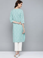 HERE&NOW Women Green & White Bandhani Print Straight Kurta