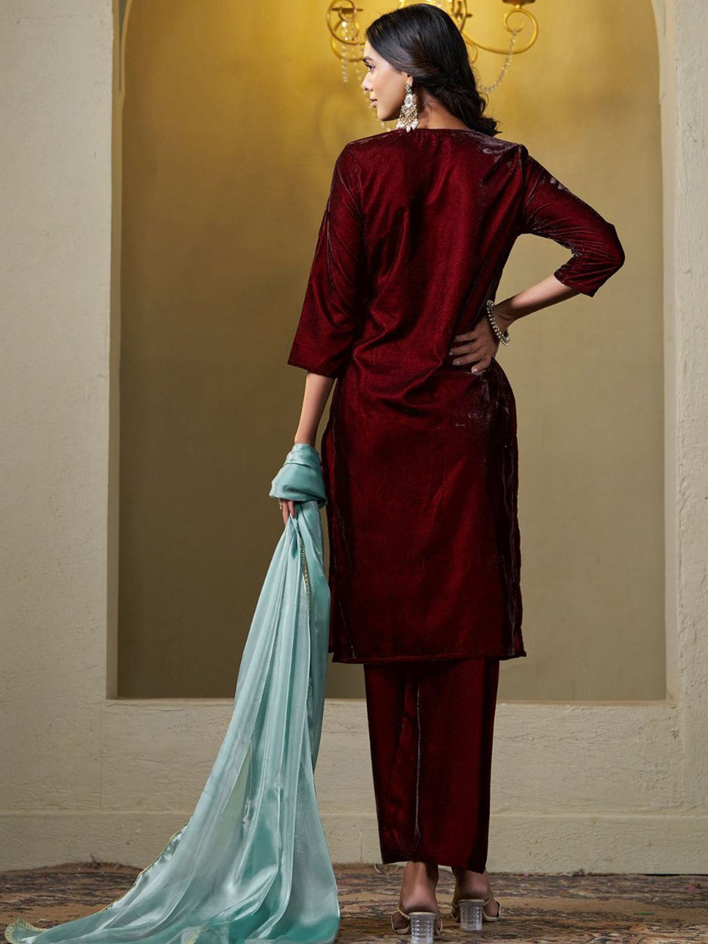 Sangria Floral Embroidered Round Neck Straight Velvet Kurta With Trousers & Dupatta