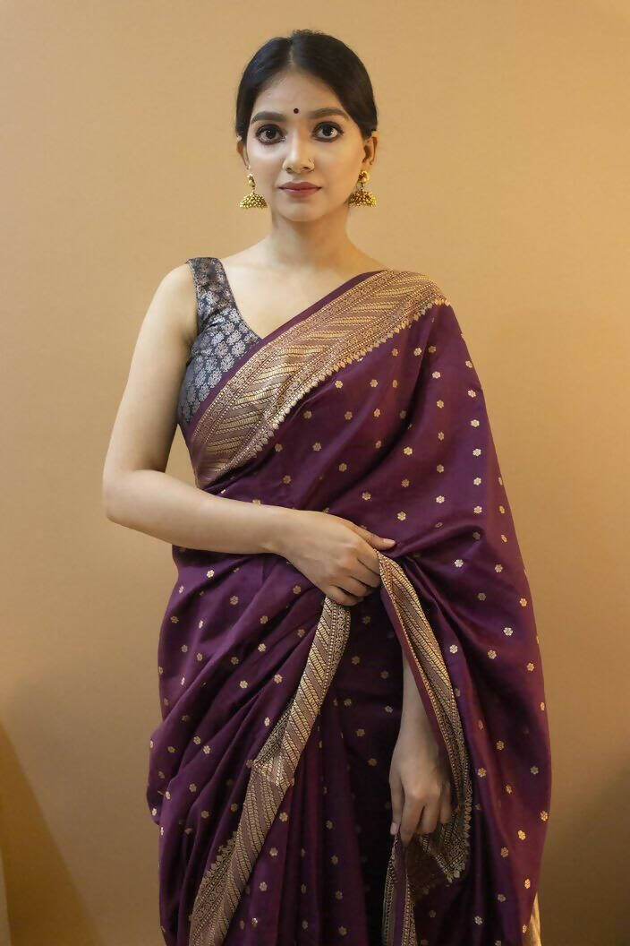 DEIANA'S Beautiful Designer Golden zari Soft Lichi Silk Saree - Wine