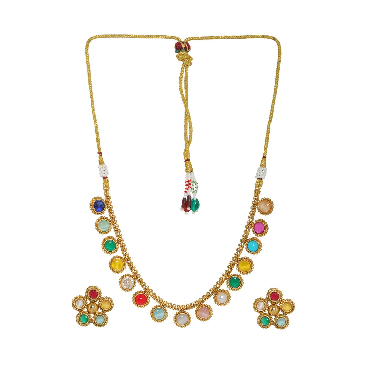 Multi Colored Stone in Gold Choker with Earrings (Multi Color) - Ruby Raang