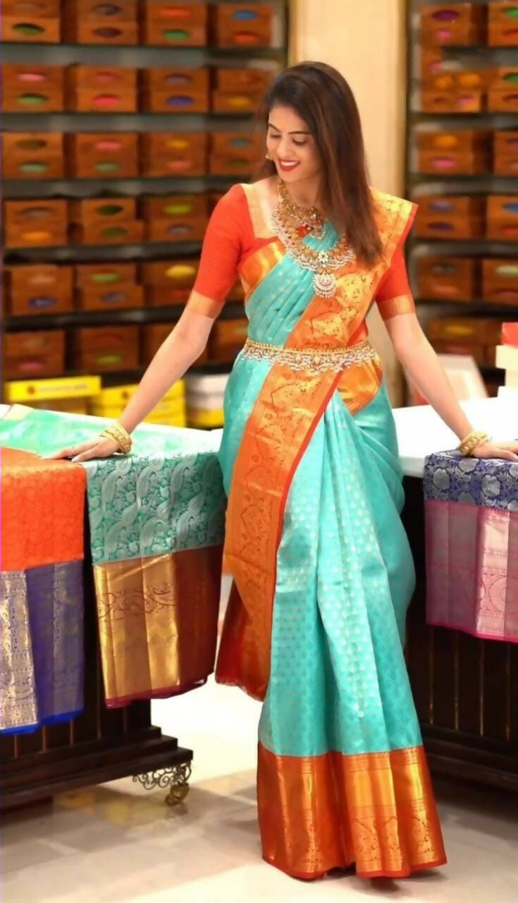 DEIANA'S Beautiful Designer Golden zari Soft Lichi Silk Saree - Sky