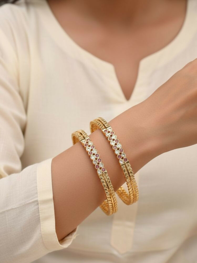 NVR Women Set of 2 Gold Plated CZ Stone Bangle - Distacart