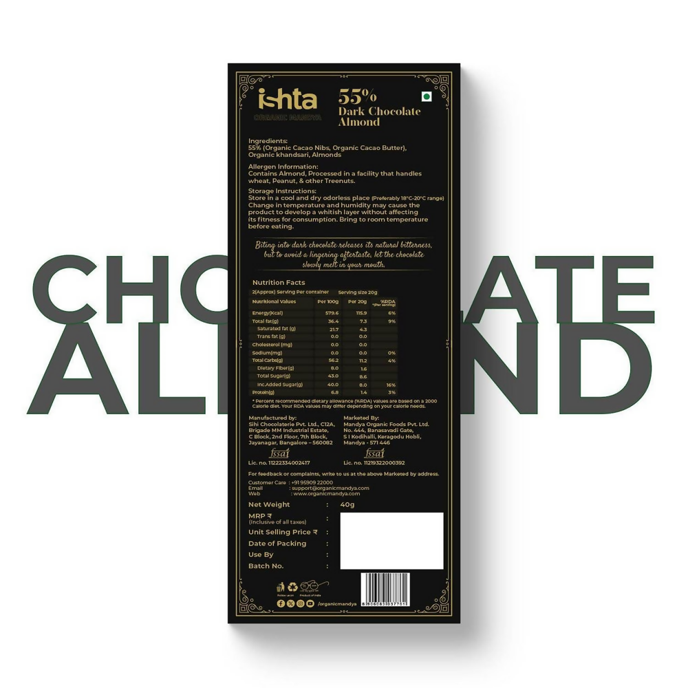 Organic Mandya 55% Dark chocolate with Almonds - Distacart