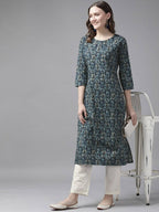Yufta Women Blue and White Ethnic Motifs Pure Cotton Kurta with Trouser