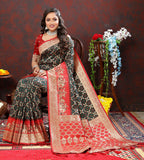 Lorenvalley Fashion Green & Red Patola Silk Woven Design Meenakari Weaving Saree