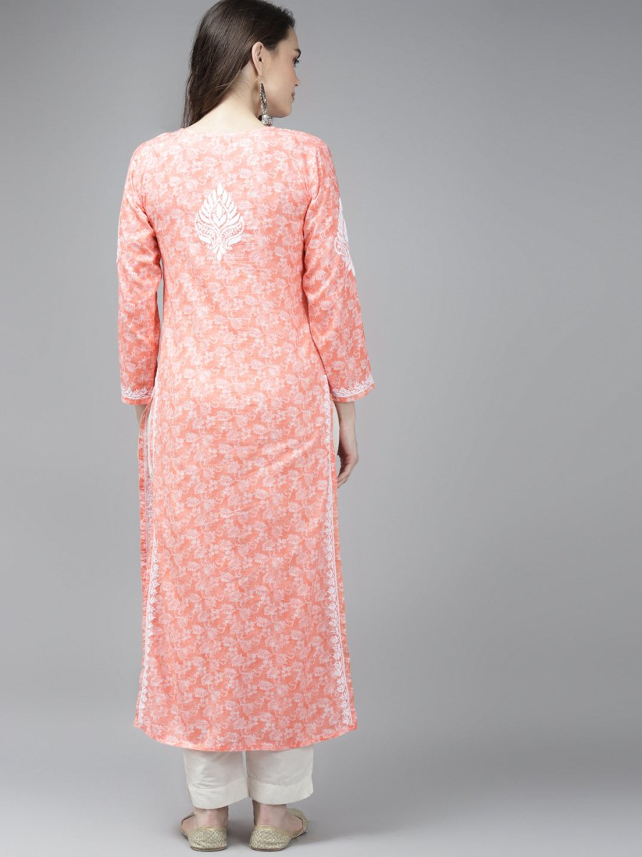 ADA Women Peach-Coloured & White Ethnic Motifs Chikankari Cotton Handloom Kurta