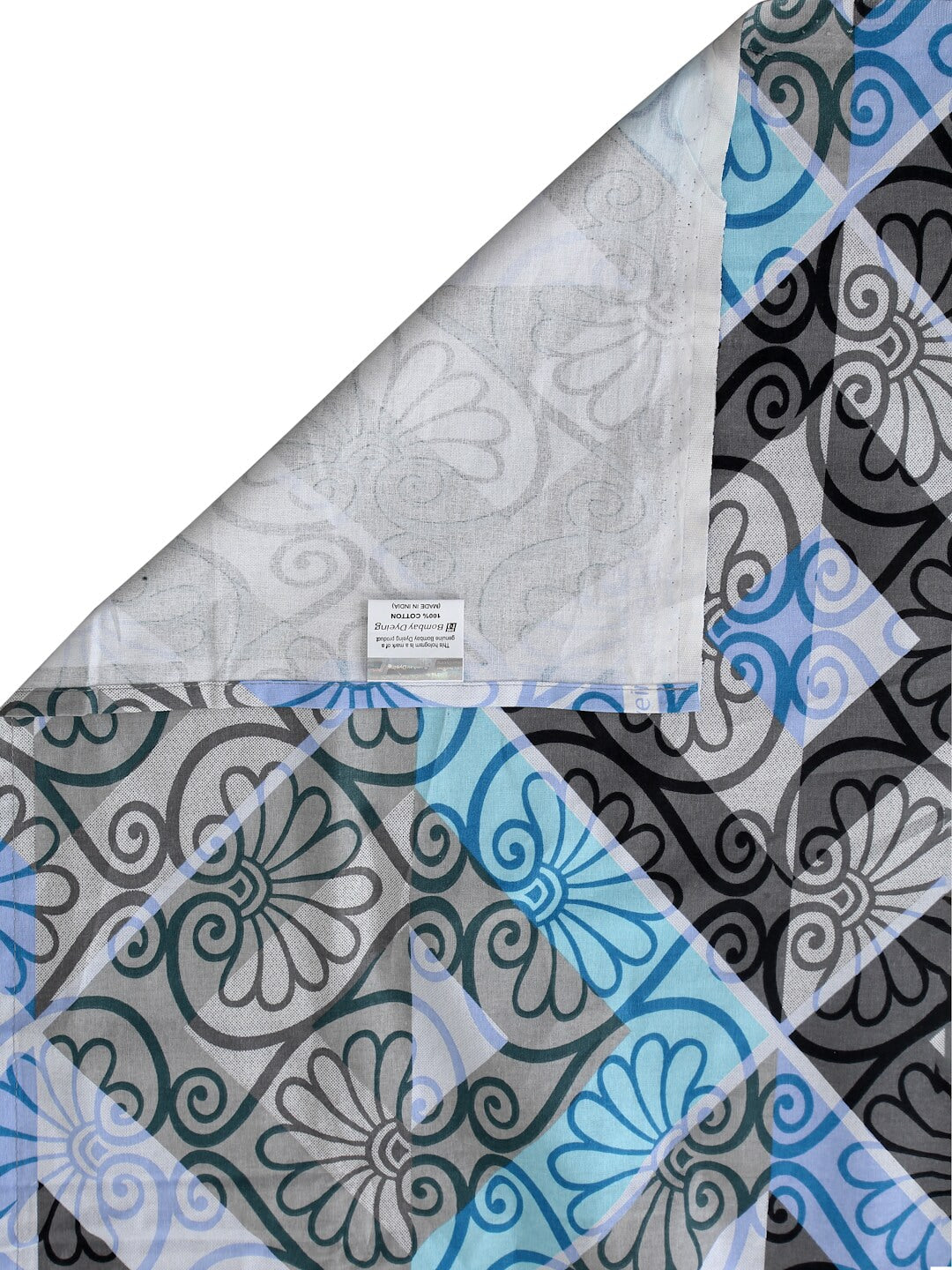 BOMBAY DYEING Epigram Blue & Grey Ethnic Cotton 120 TC Queen Bedsheet With 2 Pillow Covers
