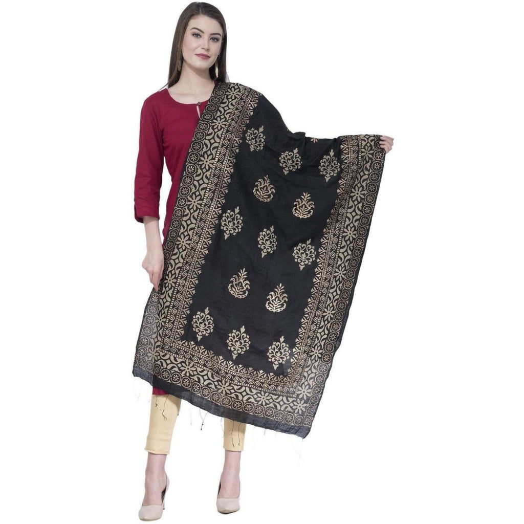 A R SILK Black Color Chanderi Gold Print Dupattas and Chunnis