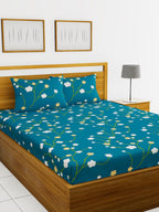 BIANCA Blue & Green Floral Printed 152 TC Cotton 110 GSM Micro-Peached King Bedsheet With 2 Pillow Cover