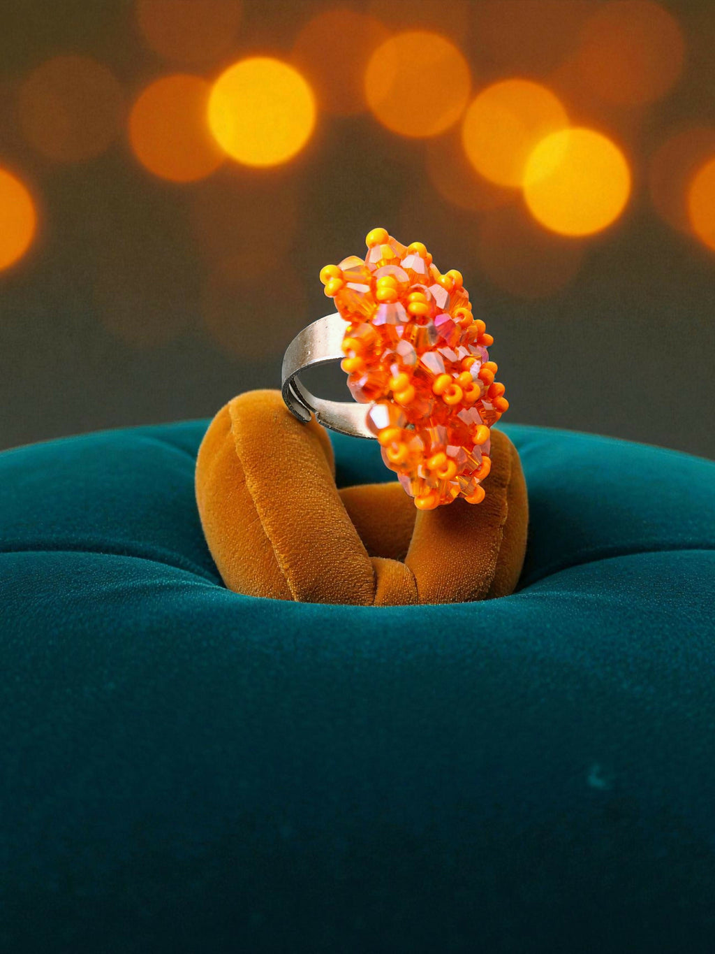 Inhanns Rang-E-Roshan Adjustable Ring – Handmade Crystal Statement Ring - Orange
