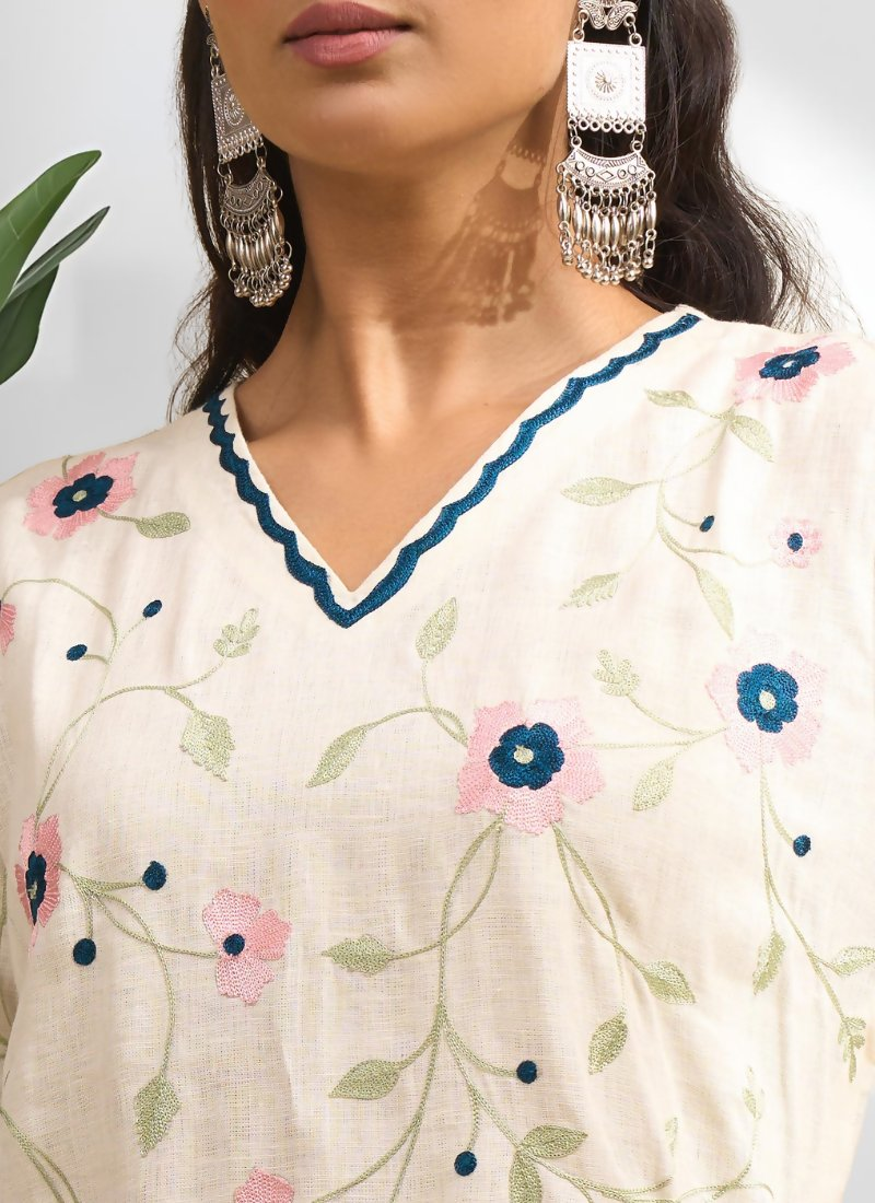 Joban Fashion Cream Linen Embroidered Readymade Long Kurta With Pant - Distacart