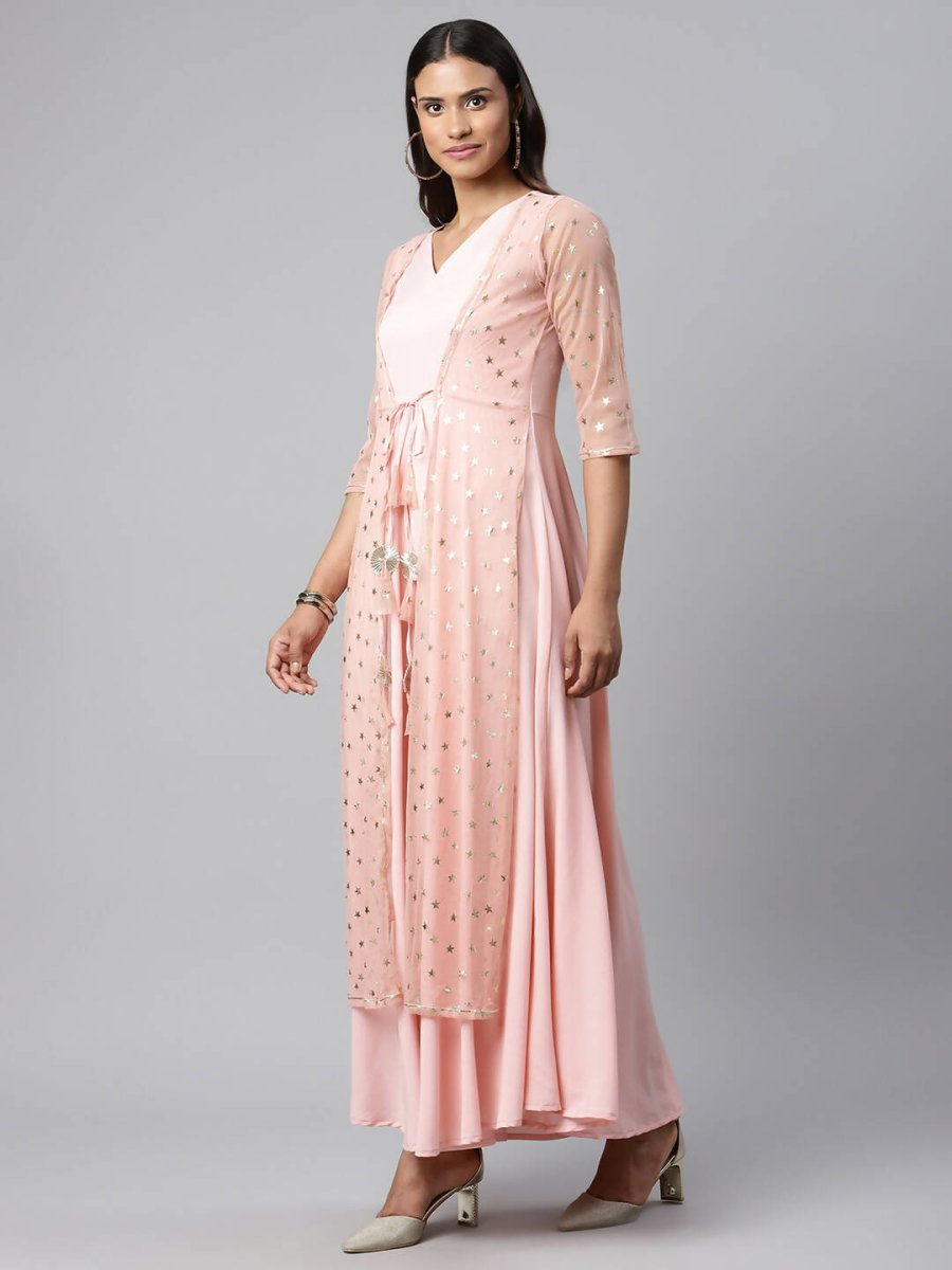 Ahalyaa Women Pink Crepe & Net Foil Print Dress - Distacart