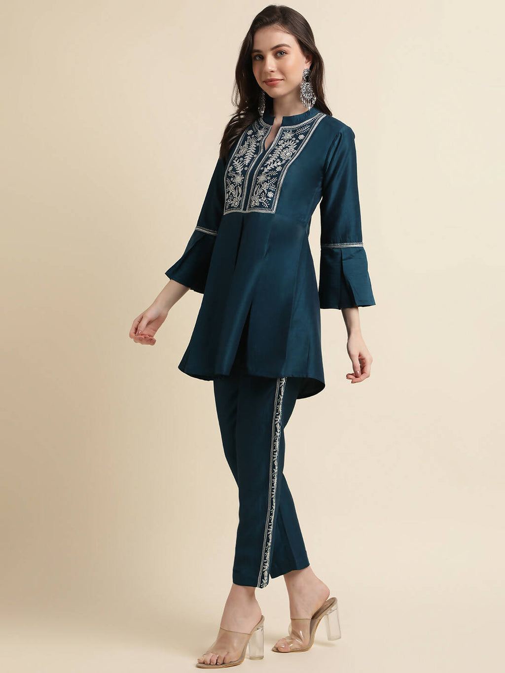 Teal Chinon Floral Embroidered Top with Bottom - Maanushi