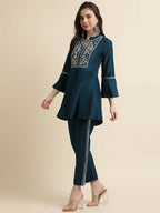 Teal Chinon Floral Embroidered Top with Bottom - Maanushi